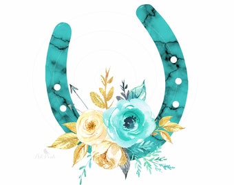 Hästsko PNG, turkos hästsko PNG, westernskjortadesign, blommig hästsko PNG, sublimeringsdesign, digital nedladdning