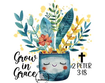 Christliches Shirt-Design, Wachsen in Gnade PNG, Schrift PNG, Bibel-Vers PNG, Sublimationsdesign, digitaler Download, christliche Clipart
