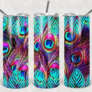 Peacock 20 Oz Skinny Tumbler PNG Design - Teal Purple Design - PNG Download