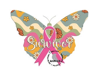 Breast Cancer Survivor Shirt Design, Pink Ribbon Butterfly, Pink Ribbon PNG, Survivor PNG, Sublimation Design, Digital Download, DTF