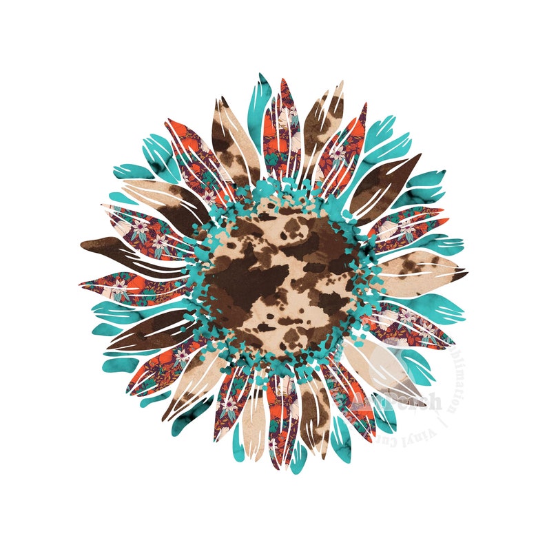 Western Shirt Design, Sunflower PNG, Cowhide Turquoise, Western PNG, Sublimation Design, Digital Download