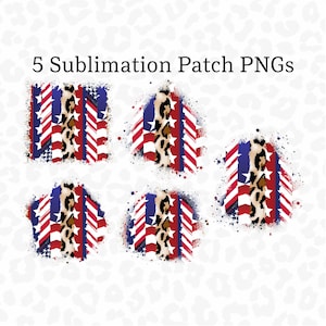 May include: Five sublimation patches with a red, white, and blue American flag design with a leopard print overlay. The patches have a distressed, splattered paint effect.
