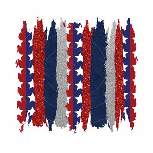 May include: Red, white, and blue glitter stripes with white stars on a white background. The stripes are painted in a distressed style.