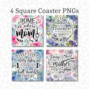 Square Coaster PNG, Mother&#39;s Day, Square Coaster Bundle of 4, Sublimation Design, Mom Coaster PNG, Keychain PNG, Digital Download