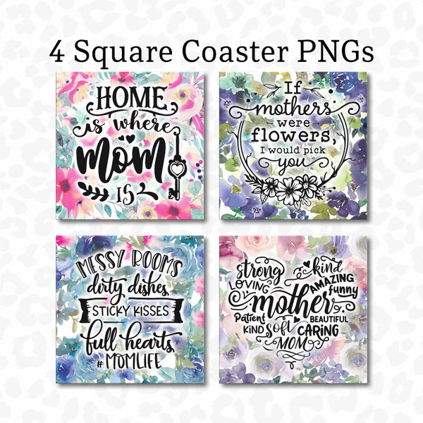 Square Coaster PNG, Mother's Day, Square Coaster Bundle of 4, Sublimation Design, Mom Coaster PNG, Keychain PNG, Digital Download