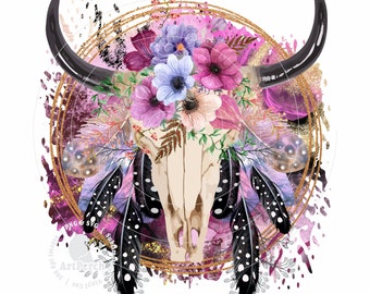 Boho Skull PNG, Western Sublimation Design, Floral Bull Skull, Skull Shirt Design, Boho Shirt PNG, Digital Download
