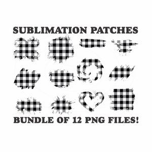 May include: A set of 12 black and white buffalo plaid sublimation patches in various shapes, including squares, circles, and a heart. The text "SUBLIMATION PATCHES" and "BUNDLE OF 12 PNG FILES!" is included in the image.