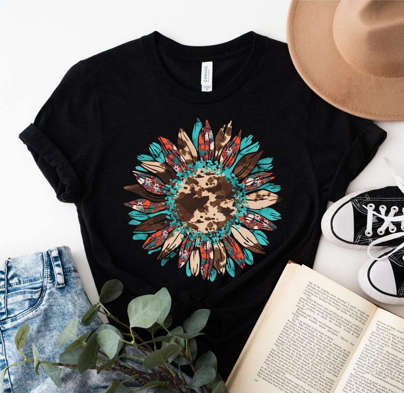 Western Shirt Design, Sunflower PNG, Cowhide Turquoise, Western PNG, Sublimation Design, Digital Download