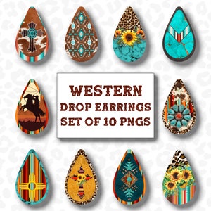 May include: A collection of ten Western-themed drop earrings in various designs. The earrings feature patterns like turquoise, sunflowers, crosses, and cowhide. The image includes the text "WESTERN DROP EARRINGS SET OF 10 PNGS."