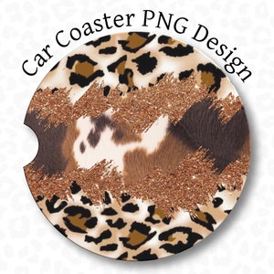 Dessous de verre PNG, Dessous de verre PNG en peau de vache. Sous-verre PNG de voiture à imprimé léopard. Design par sublimation, western, paillettes de bronze. Téléchargement numérique