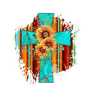 May include: A turquoise cross design with a floral sunflower arrangement. The cross has a textured appearance and is set against a colorful striped background with orange, brown, and teal colors. The design includes watercolor-style accents.
