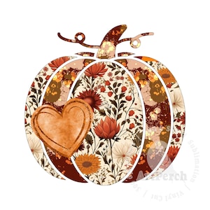 Heart Pumpkin PNG, Floral Heart Pumpkin Sublimation Design, Autumn Shirt Design, Fall PNG, Thanksgiving Shirt PNG, Digital Download