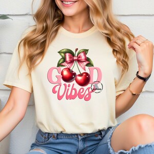 Good Vibes Shirt Graphic, Cherry Bow PNG, Retro Cherry Design, Sublimation & DTF Digital Download, Positive Vibes Bow Graphic, DTF, Clipart