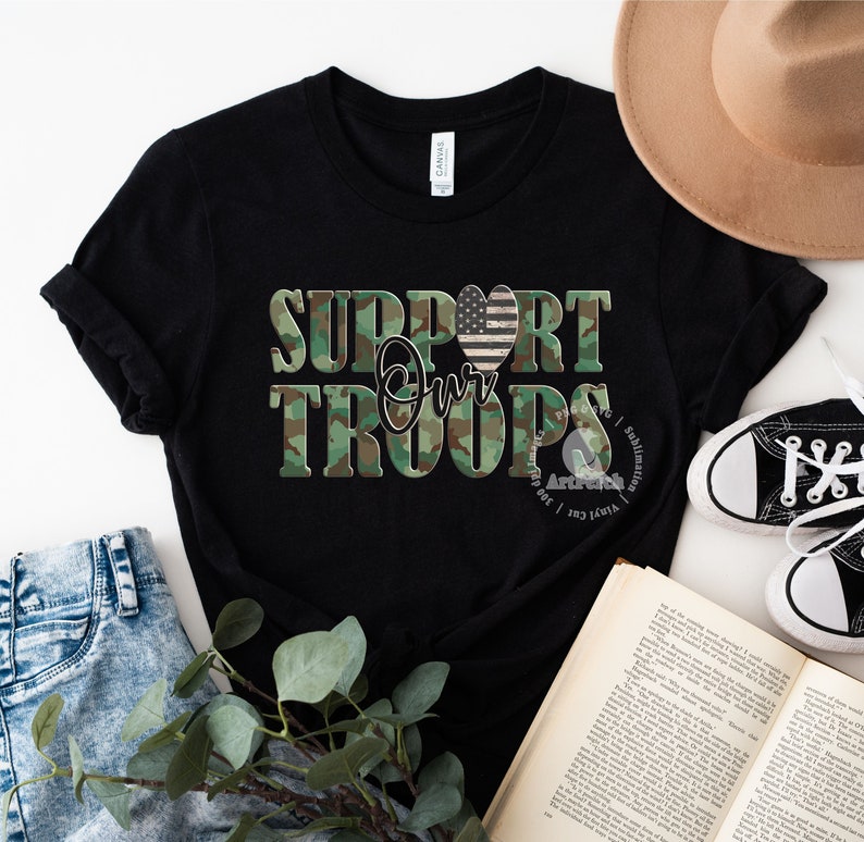 Military Shirt Design, Support our Troops PNG, Camo Shirt Design, Patriotic PNG, Rustic Flag Heart, Sublimation Design, Digital Download