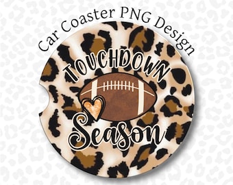 Touchdown Car Coaster PNG, Football Car Coaster PNG, Sublimation Design, Leopard Print, Rustic Heart, Digital Download