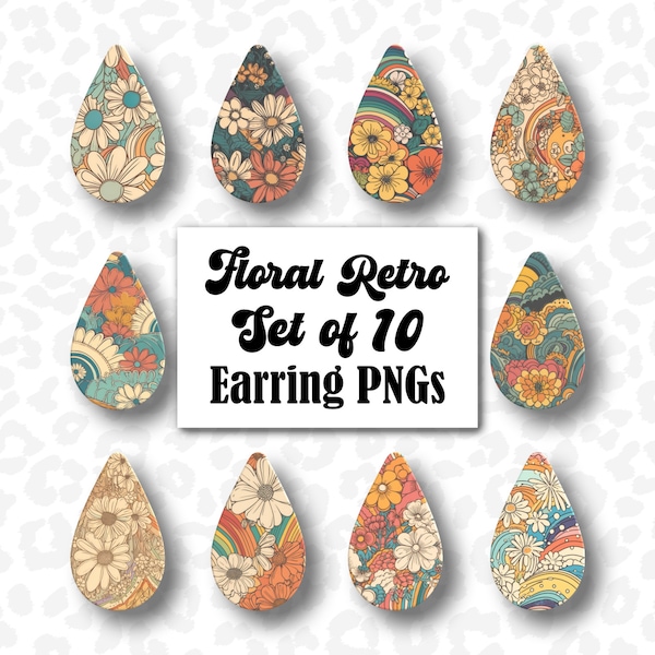 Retro Earring PNGs, Floral Drop Earring Sublimation Designs, Bundle of 10 PNGs, Set of Flower Earring PNGs, Retro Earring Clipart