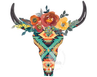 Aztec PNG, Boho Skull Shirt Design, Western Skull PNG, Floral Skull PNG, Sublimation Design, Tribal Shirt Design, Digital Download