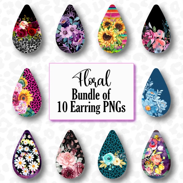 Floral Earring PNGs, Drop Earring Sublimation Designs, Bundle of 10 PNGs, Set of Flower Earring PNGs, Earring Clipart