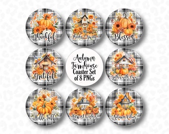 Autumn Farmhouse Coaster PNGs, Fall Coaster PNG Bundle, Sublimation Design, Thanksgiving Coaster PNG, Farm Coaster PNG
