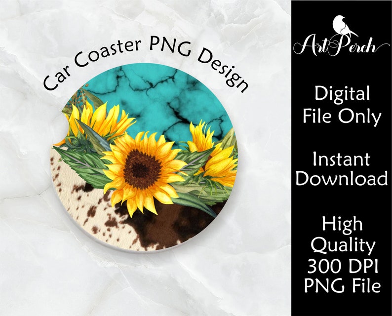 Turquoise Cowhide Sunflowers Car Coaster PNG Sublimation Design Instant Download