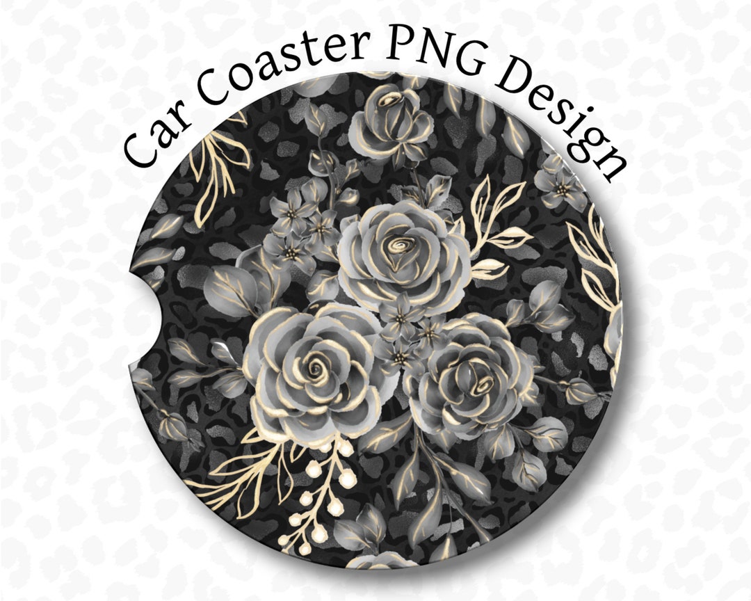 Rose Car Coaster PNG, Black Gray Floral Car Coaster Sublimation Design ...