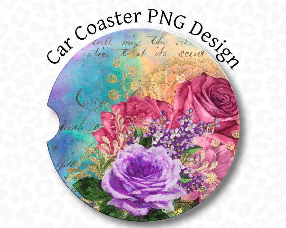 Car Coaster PNG, Purple Pink Roses, Sublimation Design, Floral Car ...