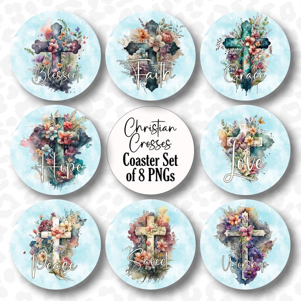 Cross Coaster PNGs, Set of 8 Car Coaster Sublimation Designs, Key Chain Sayings, Christian Car Coaster PNGs, Floral Crosses