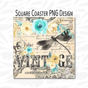 Square Coaster PNG, 3.5&quot; X 3.5&quot; Square Coaster Design, Vintage Dragonfly, Sublimation Design, Keychain PNG, Dragonfly Coaster PNG