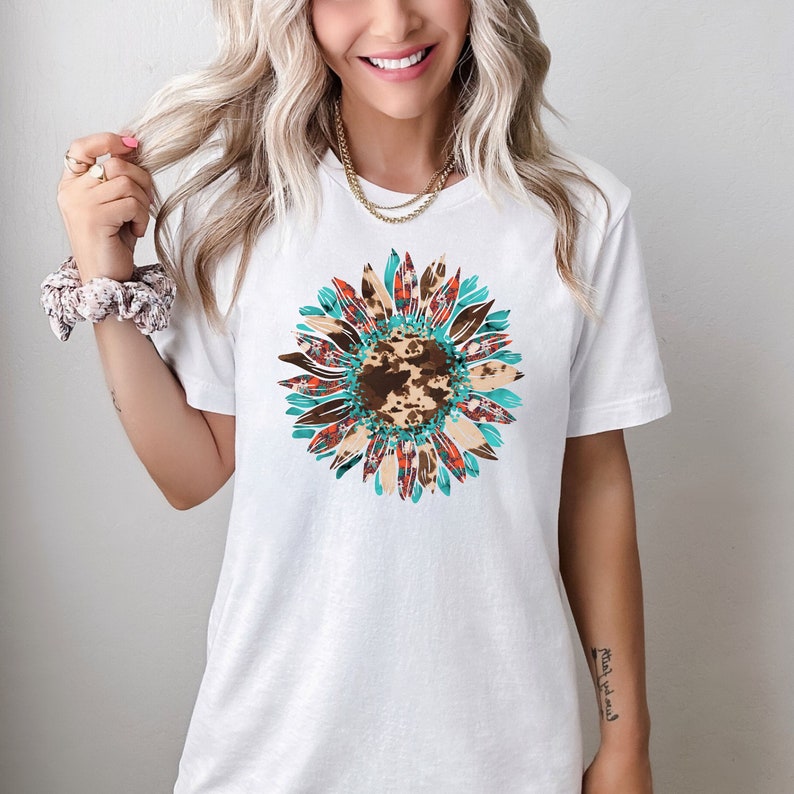 Western Shirt Design, Sunflower PNG, Cowhide Turquoise, Western PNG, Sublimation Design, Digital Download