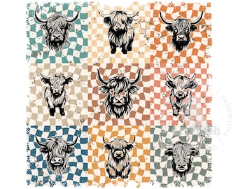Pode incluir: Nove ilustrações em preto e branco de gado das terras altas com pêlo hirsuto e chifres. As ilustrações são colocadas sobre um fundo xadrez com um aspeto vintage e desgastado. As cores do fundo xadrez são azul, verde, laranja e castanho.