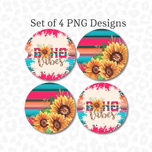 Round Coaster PNG, Boho Car Coaster PNG, Set of 4 PNGs, Sublimation Design, Leopard Print, Sunflowers, Serape, Car Coaster Design