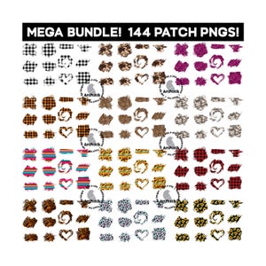 Pode incluir: Uma coleção de 144 PNGs de patches com vários designs, incluindo xadrez, estampa de leopardo, girassóis e corações. O texto "MEGA BUNDLE! 144 PATCH PNGS!" é exibido no topo. Os patches são em várias cores.