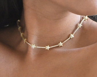 Gold CZ Star Choker Necklace | CZ Bracelet | Diamond Gold Star Bracelet | Gold Filled Jewelry | Repeating Gold Star Set | Gold Star Choker