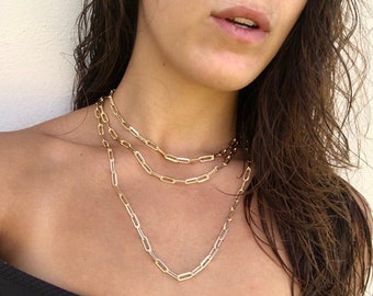 Paperclip Chain Necklace | Paperclip Necklace Set | Gold Paperclip Link | 18K Gold Layered | Rectangle Chain Set