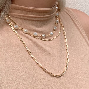 Pearl Necklace | Gold Pearl Necklace | Gold Chain Set | Gold Chain Necklace | Gold Pearl Chain | Paperclip Chain | Gold | Dainty Gold Chain