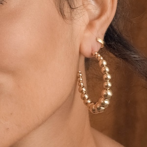 18k Gold Layered Hoops with 2" Diameter, Gold beaded hoops, Beaded Gold Hoops, Gold Beaded Hoops, Open Gold Hoops With Beads