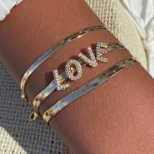 Valentines Gift | Gift for Her | Customizable Zirconia Letter Charm Bracelet | Gold Herringbone Bracelet | Bracelet With Initial