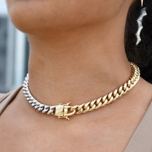 Half and half silver gold cuban choker Thick Gold Curb Choker, Miami Cuban Necklace, Silver and gold cuban, Thick Chain 18K Gold Filled