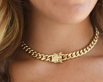 Miami CUBAN, Gold Curb Choker, Cubaanse Link Choker, Goud gevulde ketting, Dikke ketting 18K Goud gevuld, Cubaanse schakelketting