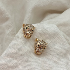 Jaguar Studs | Timeless Green Eyed Cat Earring | Cz Jaguar Studs | Cz Jaguar Head | Cat Studs | Lion  Studs | Lion Cat Gold Studs