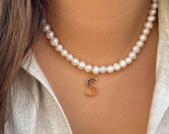 Fresh Water Pearl Necklace | Initial Necklace | Pearl Letter Necklace | Personalized name | Gift for her | Layer Boho Necklace
