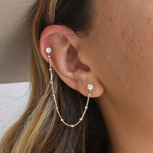 Double Hole Chain Earring Chain | Double Gold Diamond Studs | Hypoallergenic 18k Gold Layered | Ear jackets | Double Pierce Earring