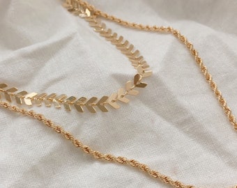Conjunto de corrente de ouro, gargantilha de flecha de ouro, corrente de corda 18k, corrente cheia de ouro, corrente de ouro, conjunto Chevron cheio de ouro