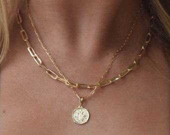 Gold Link Choker With Gold Coin Chain Set | Link Chain Necklace Set | Layered Link Chain | Chain Necklace | Paperclip Chain Necklace