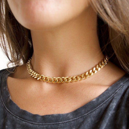 Chunky Gold Curb Choker Link Chain Necklace Gold Filled Etsy