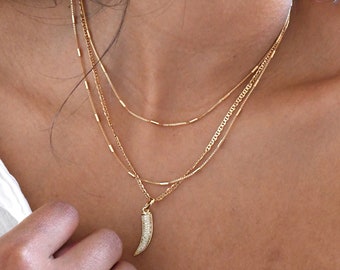 Dainty Gold Chain Set | Layered Gold Tooth Necklace | 18 Inch or 16 Inch Gold Necklace | Mini Box Chain | Dainty Gold Chain