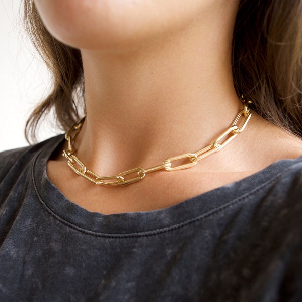 Thick Gold Link Choker | Thick Paperclip Link | Link Necklace | 16 or 18 Inch Paperclip | Thick Chain 18K Gold Layered | Rectangle Chain