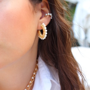 Pearl Hoop Earrings | Wire Wrapped Earrings | Gold Hoop Earrings | Pearl Ear Cuff | Boho Earrings | Gift for her