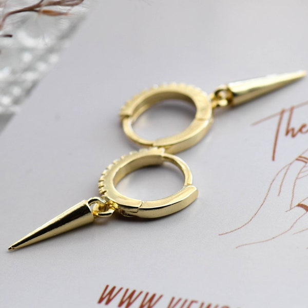 Gold Dangling Spike | Dainty Hoop Earrings | Cz Hoop, Gold Cz Hoop | Spike Earring | Dagger Earring Hoop | Gold Dangling Hoop