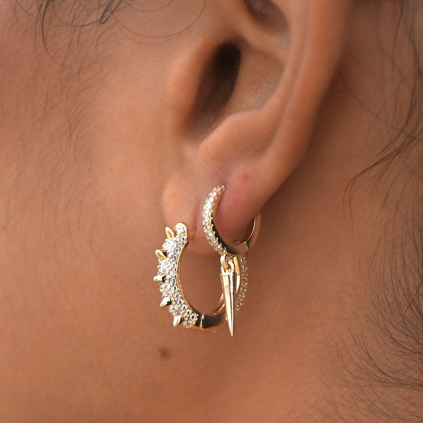 New Collection, Gold Hoops, CZ Hoops, Gold CZ Hoops, Spike Hoops, Spike Cuff, Spike Hoop, Spikey Hoops, Dagger Earrings, Gold Filled Jewelry